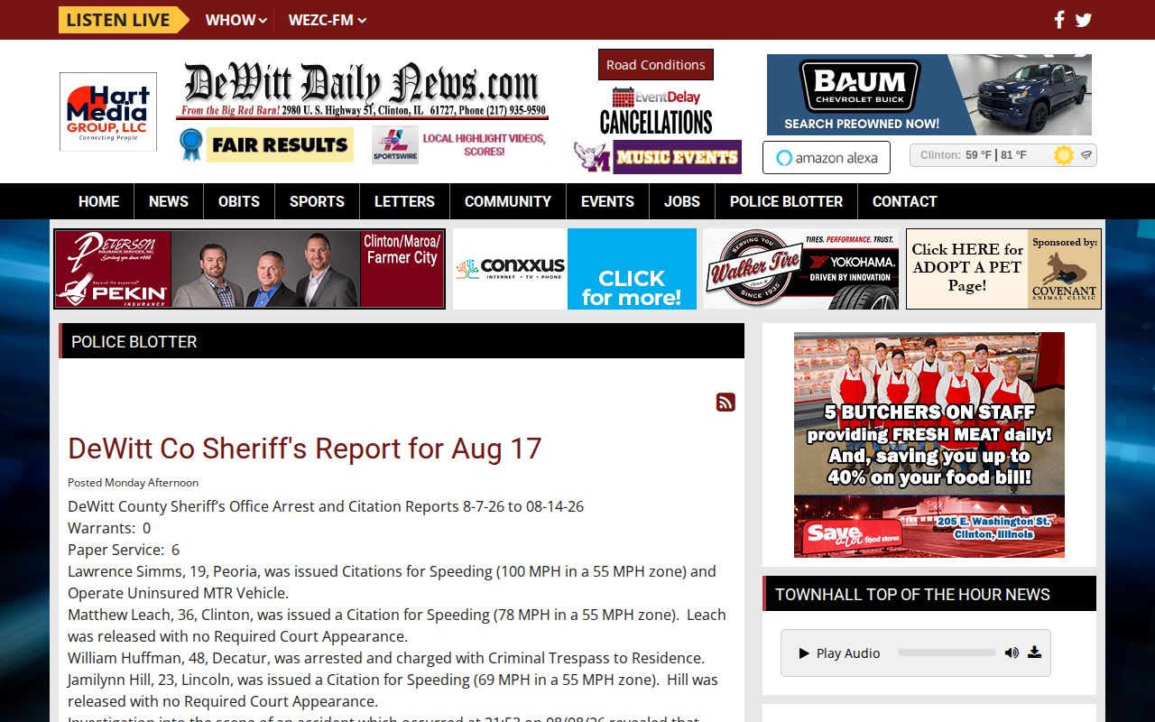 DeWitt County arrest and booking records in the DeWitt Daily News police blotter